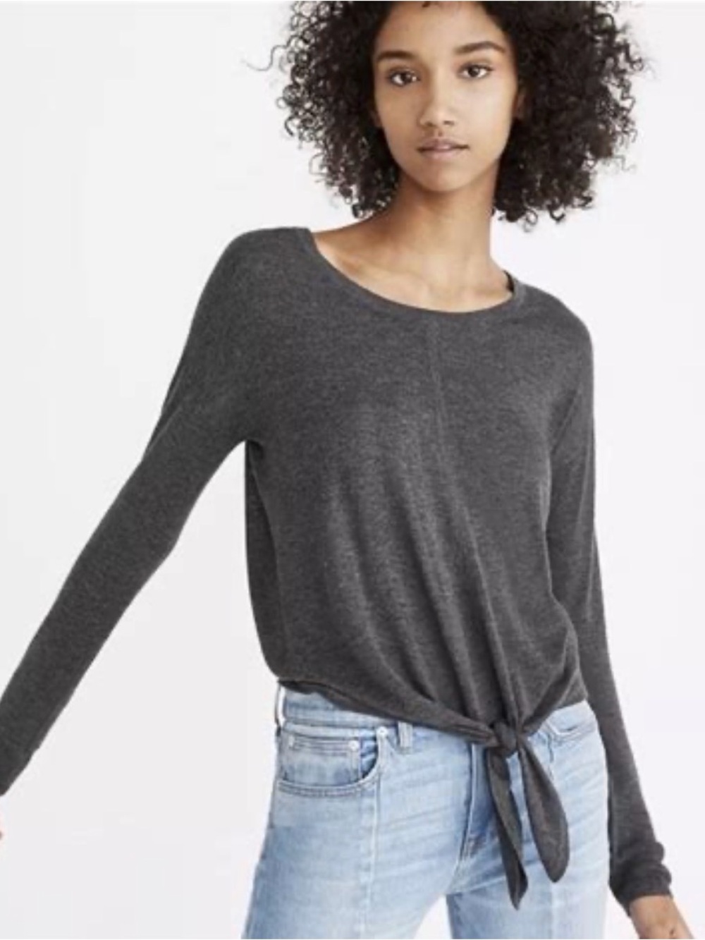 Madewell Modern Tie-Front Sweater Women’s L Charcoal Gray Lightweight Knit